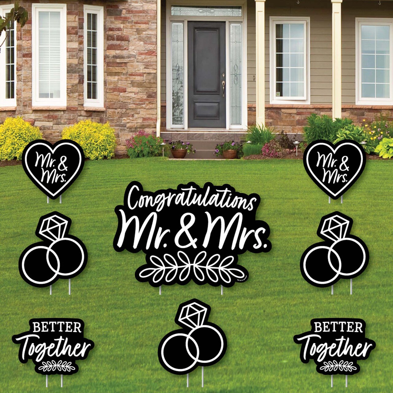 Big Dot of Happiness Black and White Mr. and Mrs. - Yard Sign and Outdoor Lawn Decorations - Wedding Congratulations Yard Signs - Set of 8
